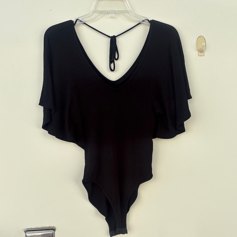 Black V-Neck Flutter Sleeve Bodysuit - Women's Top
